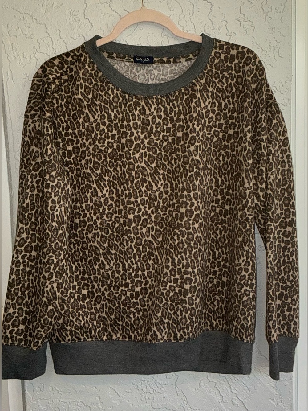 Splendid Leopard-Print Crewneck Sweater in Brown and Gray